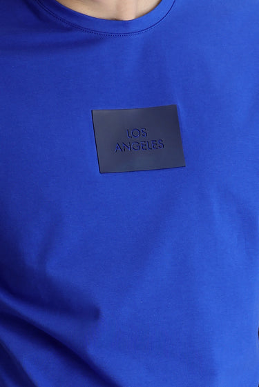 Saks Mavi Bisiklet Yaka Slim Fit Dar Kesim Baskılı Tişört