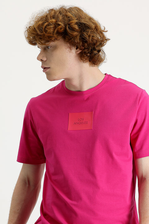 Fuşya Bisiklet Yaka Slim Fit Dar Kesim Baskılı Tişört Pamuklu