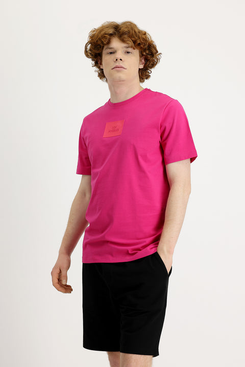 Fuşya Bisiklet Yaka Slim Fit Dar Kesim Baskılı Tişört Pamuklu