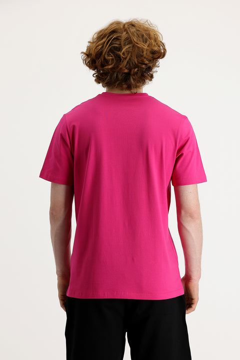 Fuşya Bisiklet Yaka Slim Fit Dar Kesim Baskılı Tişört Pamuklu