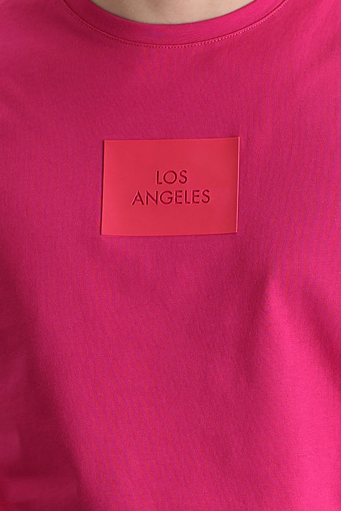 Fuşya Bisiklet Yaka Slim Fit Dar Kesim Baskılı Tişört Pamuklu