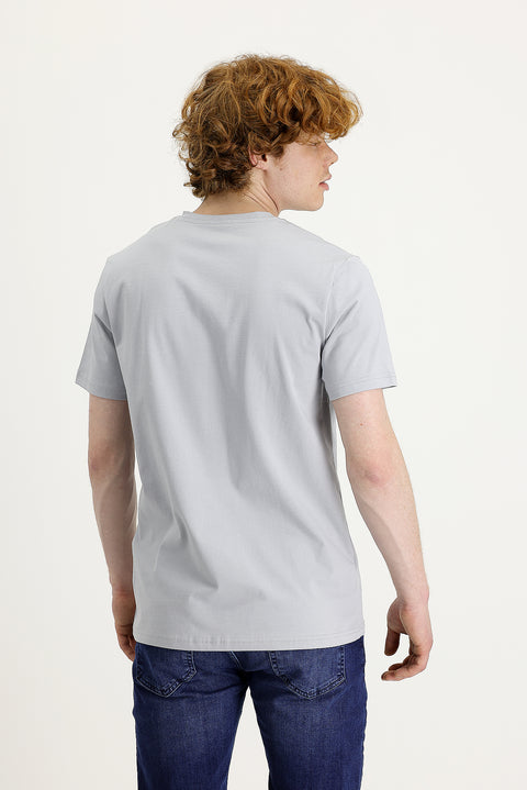 Orta Gri Bisiklet Yaka Slim Fit Dar Kesim Baskılı Tişört