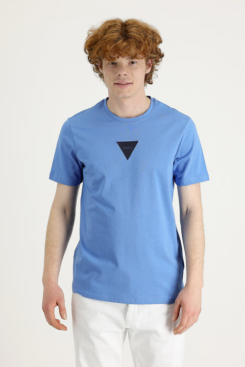 Havacı Mavi Bisiklet Yaka Slim Fit Dar Kesim Baskılı Tişört