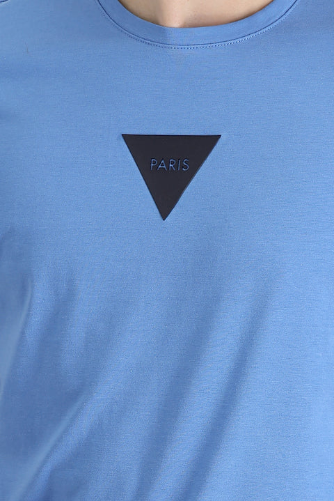 Havacı Mavi Bisiklet Yaka Slim Fit Dar Kesim Baskılı Tişört