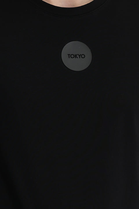 Siyah Bisiklet Yaka Slim Fit Dar Kesim Baskılı Tişört