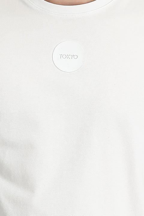 Beyaz Bisiklet Yaka Slim Fit Dar Kesim Baskılı Tişört