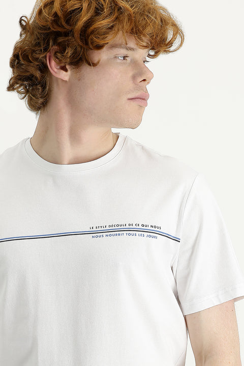 Beyaz Bisiklet Yaka Slim Fit Dar Kesim Baskılı Tişört