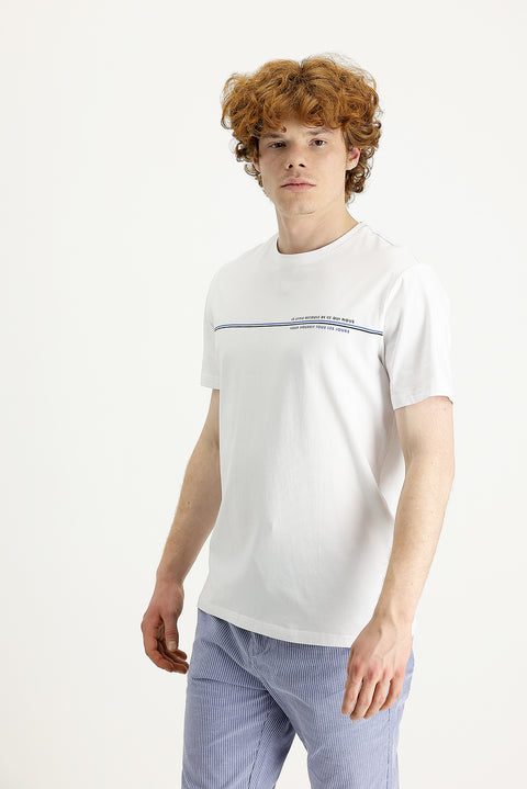 Beyaz Bisiklet Yaka Slim Fit Dar Kesim Baskılı Tişört