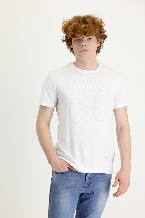 Beyaz Bisiklet Yaka Slim Fit Dar Kesim Baskılı Tişört