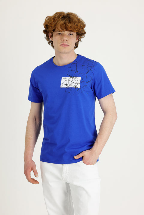 Saks Mavi Bisiklet Yaka Slim Fit Dar Kesim Baskılı Tişört