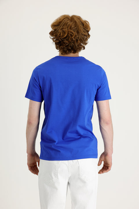 Saks Mavi Bisiklet Yaka Slim Fit Dar Kesim Baskılı Tişört