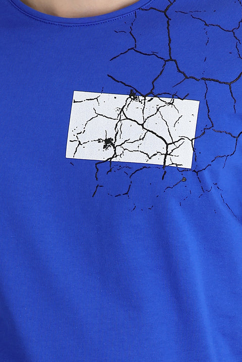 Saks Mavi Bisiklet Yaka Slim Fit Dar Kesim Baskılı Tişört