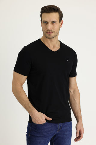 Siyah V Yaka Slim Fit Dar Kesim Nakışlı Tişört