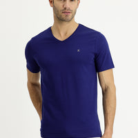 Orta Lacivert V Yaka Slim Fit Dar Kesim Nakışlı Pamuklu Tişört