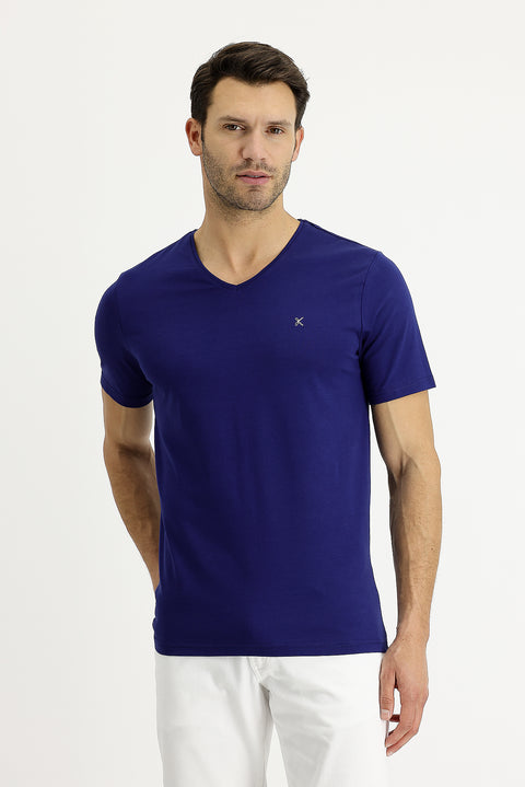 Orta Lacivert V Yaka Slim Fit Dar Kesim Nakışlı Tişört
