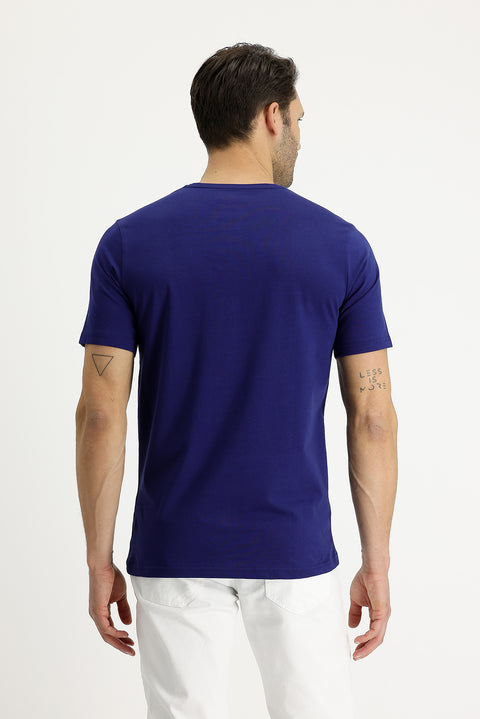 Orta Lacivert V Yaka Slim Fit Dar Kesim Nakışlı Tişört