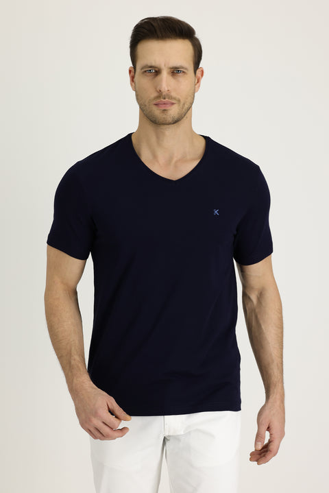 Siyah Lacivert V Yaka Slim Fit Dar Kesim Nakışlı Tişört