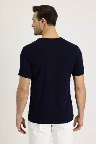  Siyah Lacivert V Yaka Slim Fit Dar Kesim Nakışlı Tişört