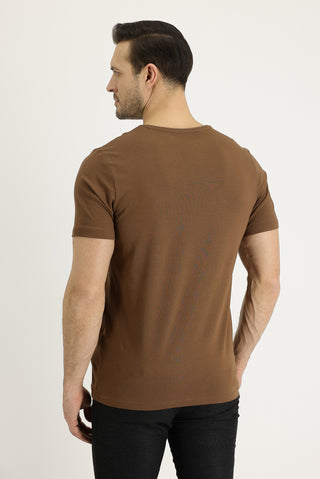  Taba V Yaka Slim Fit Dar Kesim Nakışlı Pamuklu Tişört
