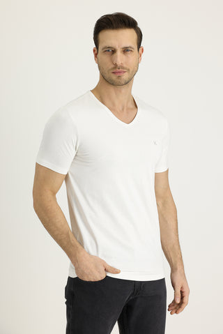  Ekru V Yaka Slim Fit Dar Kesim Nakışlı Pamuklu Tişört