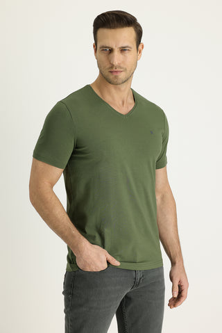  Orta Haki V Yaka Slim Fit Dar Kesim Nakışlı Tişört