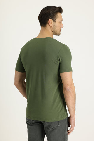  Orta Haki V Yaka Slim Fit Dar Kesim Nakışlı Tişört