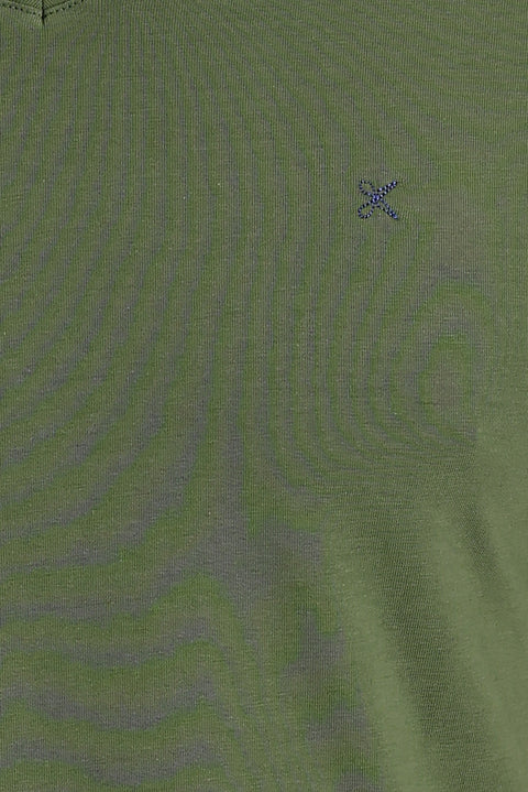 Orta Haki V Yaka Slim Fit Dar Kesim Nakışlı Tişört