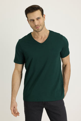  Koyu Yeşil V Yaka Slim Fit Dar Kesim Nakışlı Pamuklu Tişört