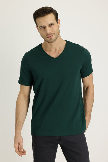 Koyu Yeşil V Yaka Düz Slim Fit Dar Kesim Tişört