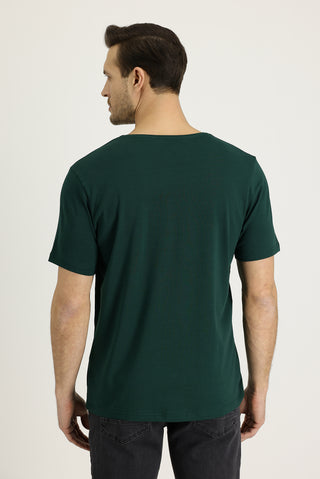  Koyu Yeşil V Yaka Slim Fit Dar Kesim Nakışlı Pamuklu Tişört