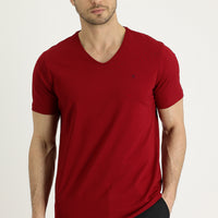 Koyu Kırmızı V Yaka Slim Fit Dar Kesim Nakışlı Tişört Pamuklu