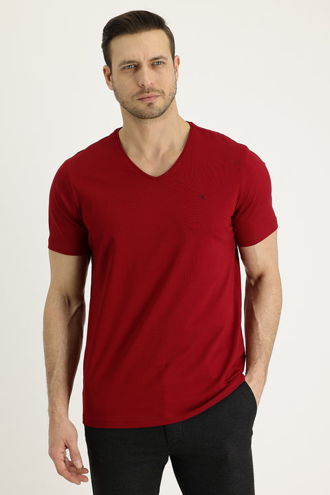 Koyu Kırmızı V Yaka Slim Fit Dar Kesim Nakışlı Tişört Pamuklu