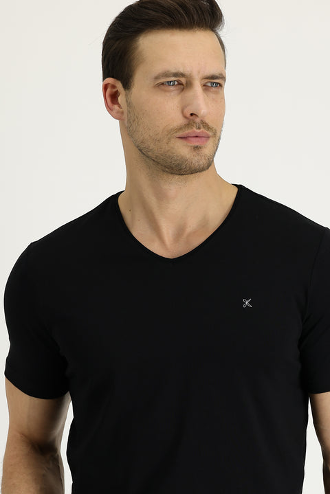 Siyah V Yaka Slim Fit Dar Kesim Pamuklu Tişört