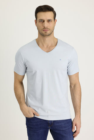 Açık Mavi V Yaka Slim Fit Dar Kesim Pamuklu Tişört