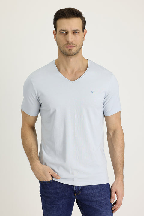 Açık Mavi V Yaka Slim Fit Dar Kesim Pamuklu Tişört