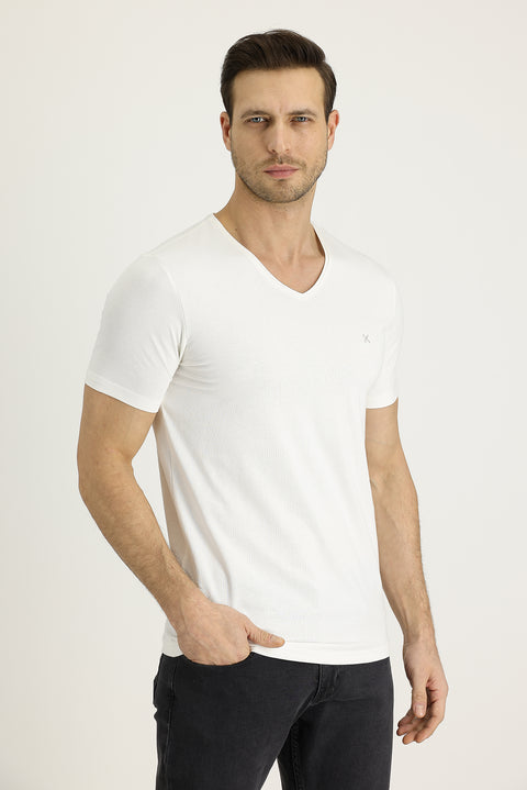 Off-white V-neck slim fit cotton t-shirt.