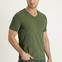 Orta Haki V Yaka Slim Fit Dar Kesim Pamuklu Tişört
