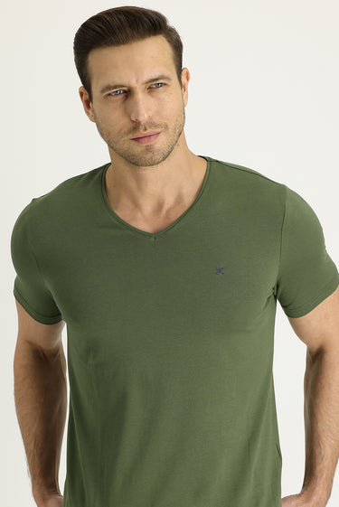 Orta Haki V Yaka Slim Fit Dar Kesim Pamuklu Tişört