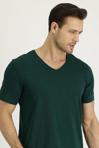  Koyu Yeşil V Yaka Slim Fit Dar Kesim Pamuklu Tişört