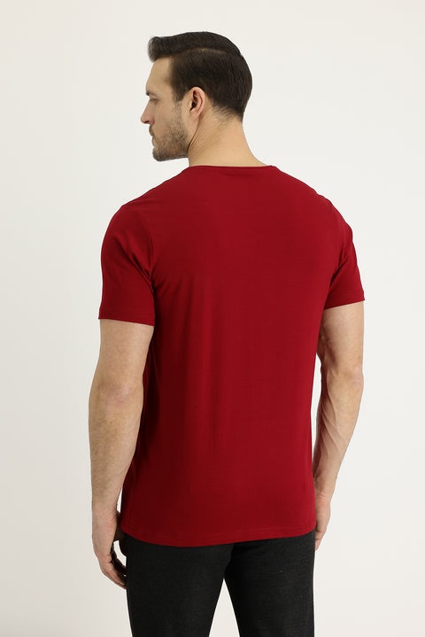 Koyu Kırmızı V Yaka Slim Fit Dar Kesim Pamuklu Tişört