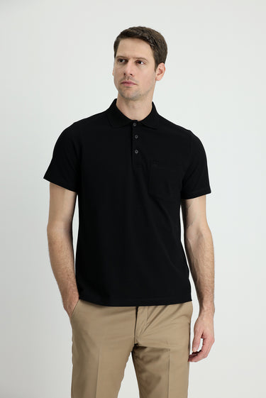 Siyah Polo Yaka Regular Fit Nakışlı Pamuk Tişört