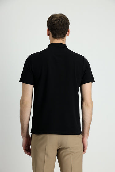 Siyah Polo Yaka Regular Fit Nakışlı Pamuk Tişört