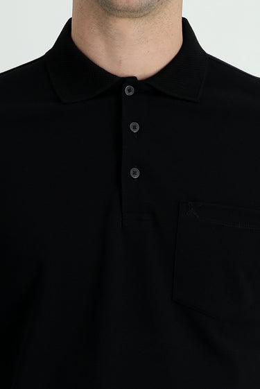 Siyah Polo Yaka Regular Fit Nakışlı Pamuk Tişört