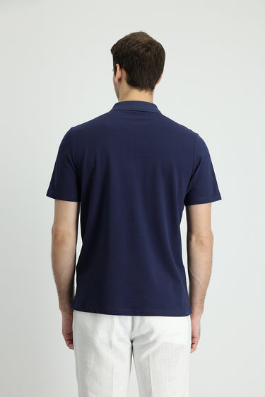 Koyu Lacivert Polo Yaka Regular Fit Nakışlı Pamuk Tişört