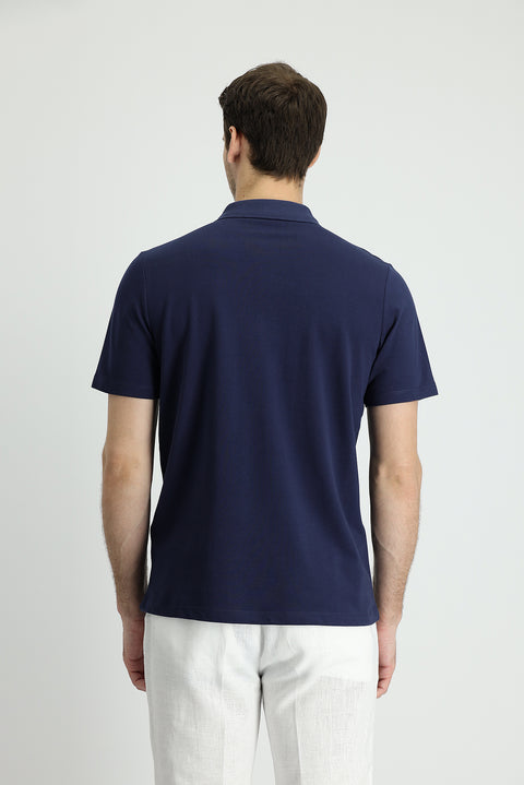 Koyu Lacivert Polo Yaka Regular Fit Nakışlı Pamuk Tişört