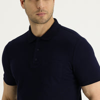 Siyah Lacivert Polo Yaka Regular Fit Nakışlı Pamuk Tişört