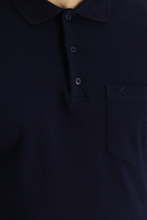 Siyah Lacivert Polo Yaka Regular Fit Nakışlı Pamuk Tişört