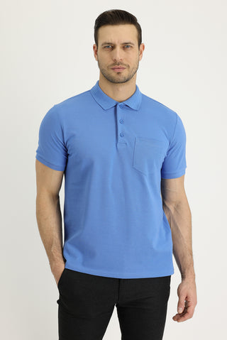  Havacı Mavi Polo Yaka Regular Fit Nakışlı Pamuk Tişört