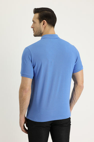 Havacı Mavi Polo Yaka Regular Fit Nakışlı Pamuk Tişört