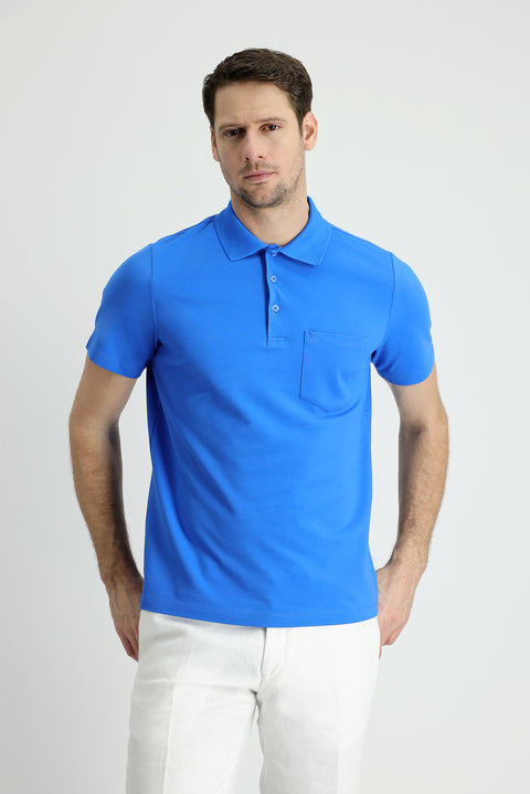 Çivit Mavisi Polo Yaka Regular Fit Nakışlı Pamuk Tişört